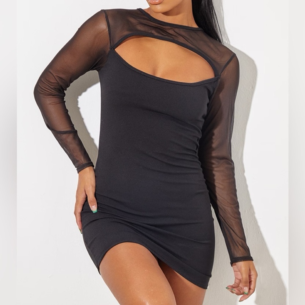 PRETTY LITTLE THING Black Mesh Bodice Cut Out Long Sleeve Bodycon Dress Size 6